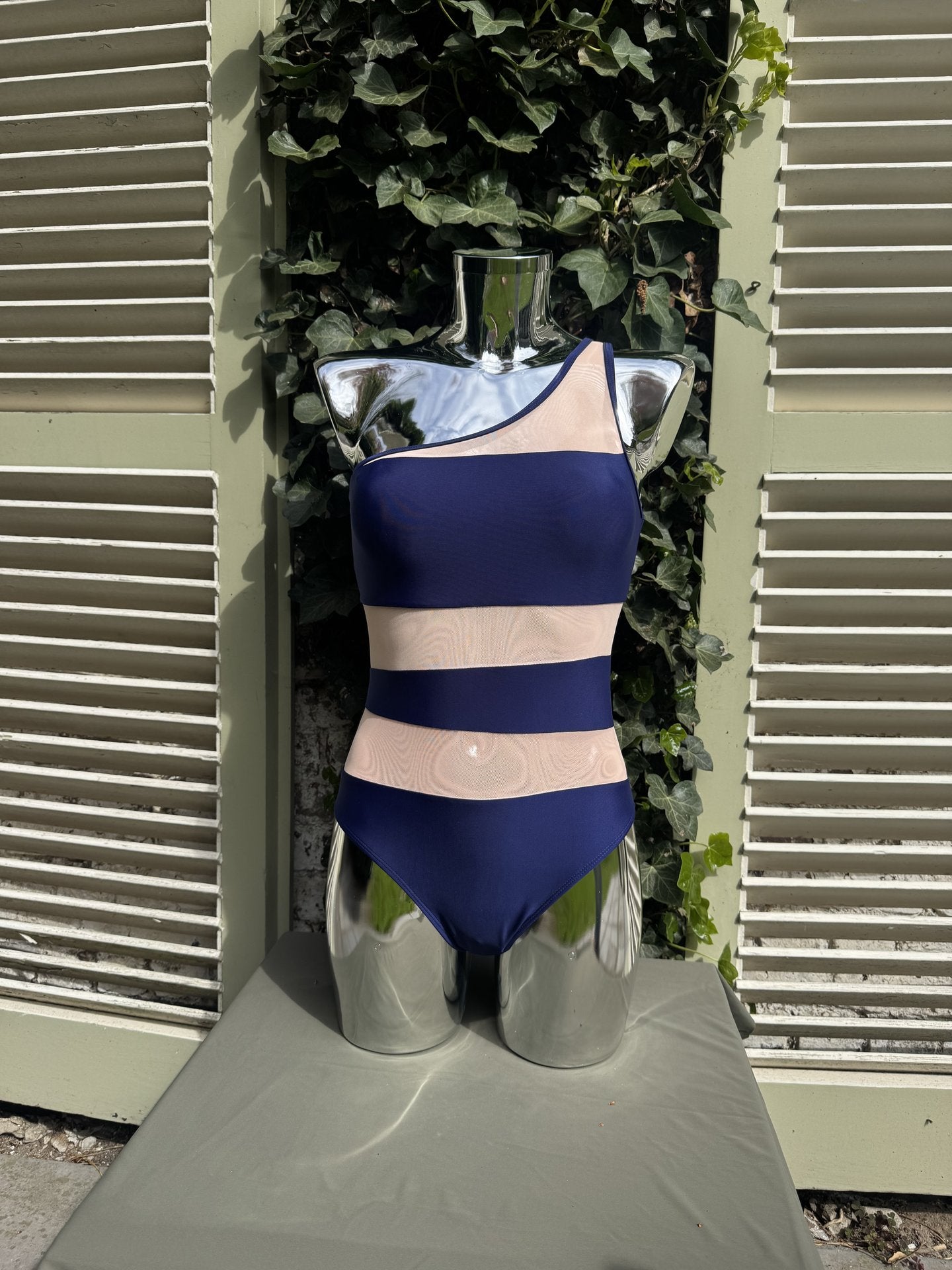 Mesh Stripe One-Shoulder Swimsuit Navy