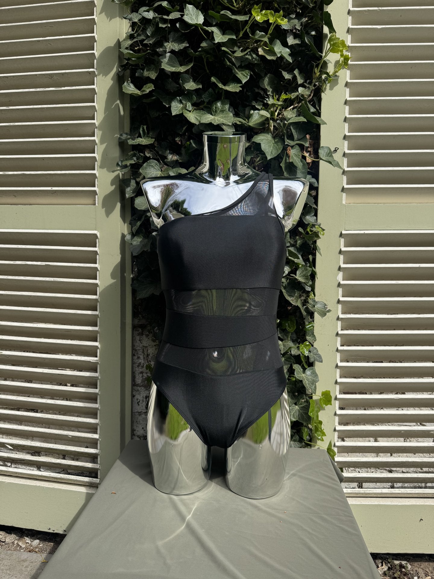 Mesh Stripe One-Shoulder Swimsuit Black