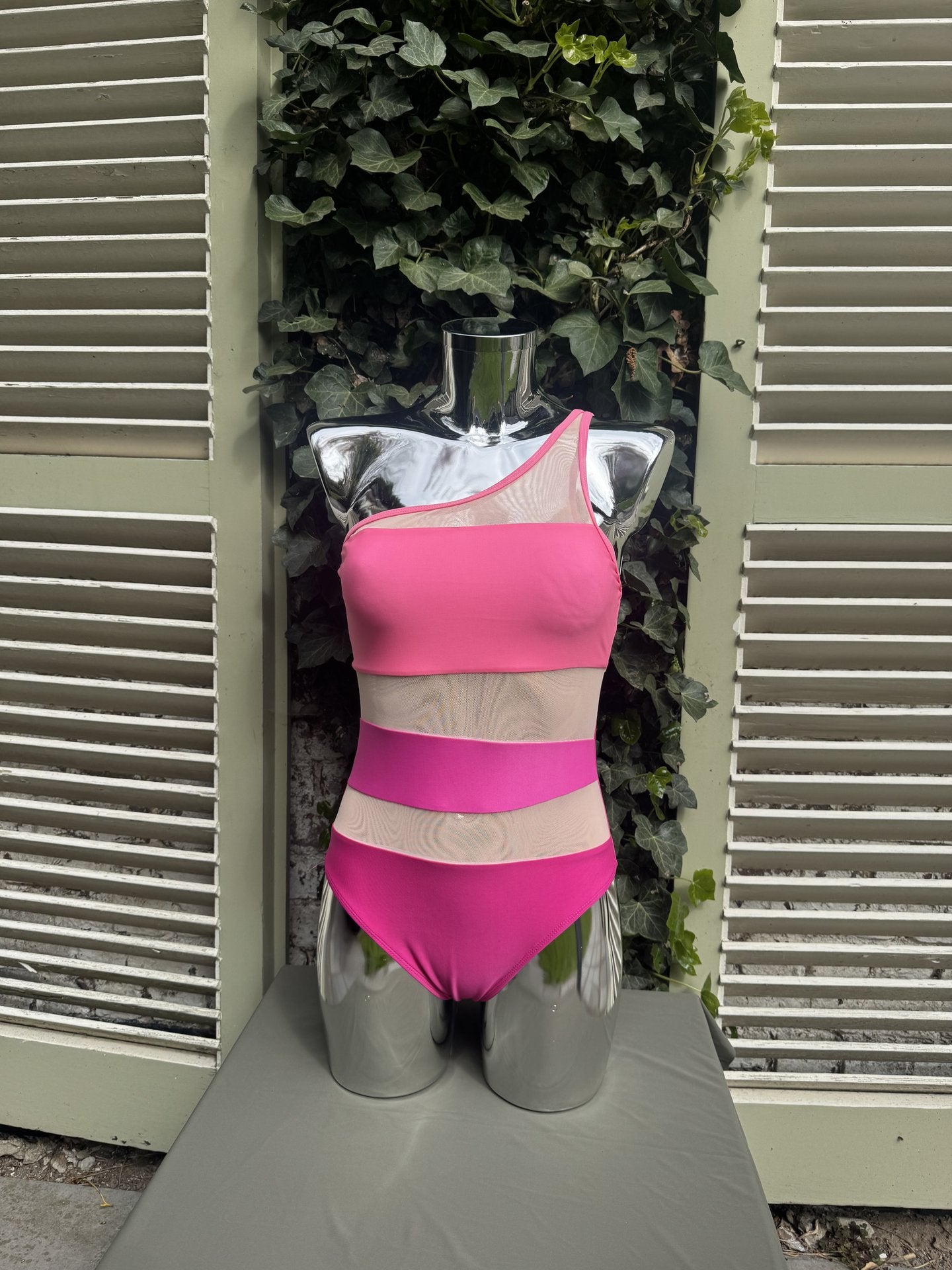 Mesh Stripe One-Shoulder Swimsuit Pink