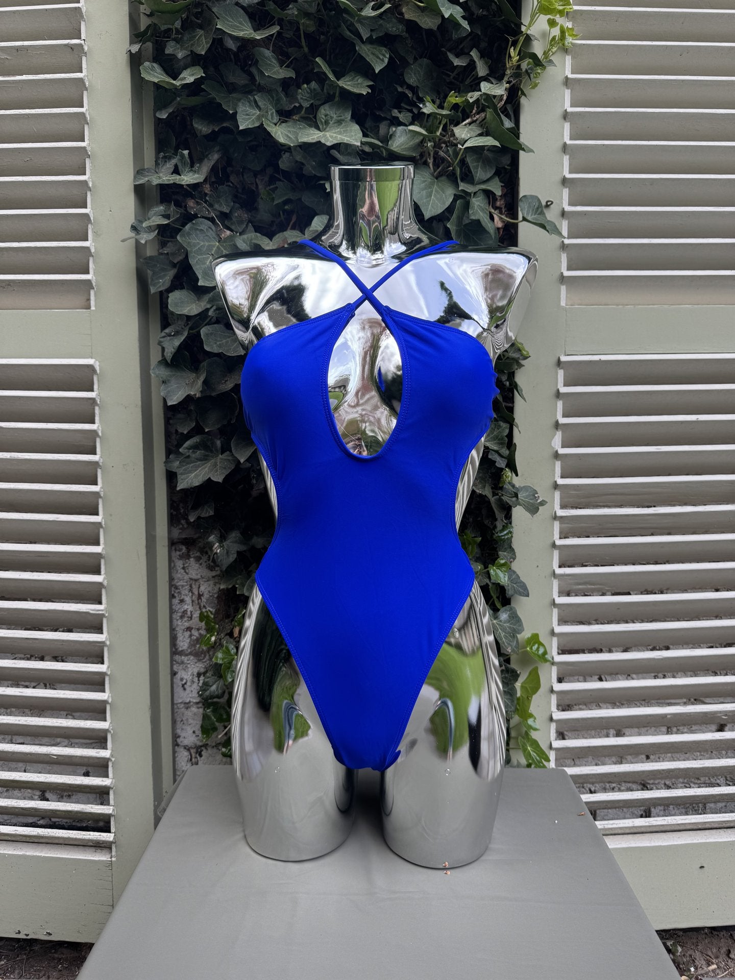 Cross-Halter Keyhole Swimsuit Cobalt Blue