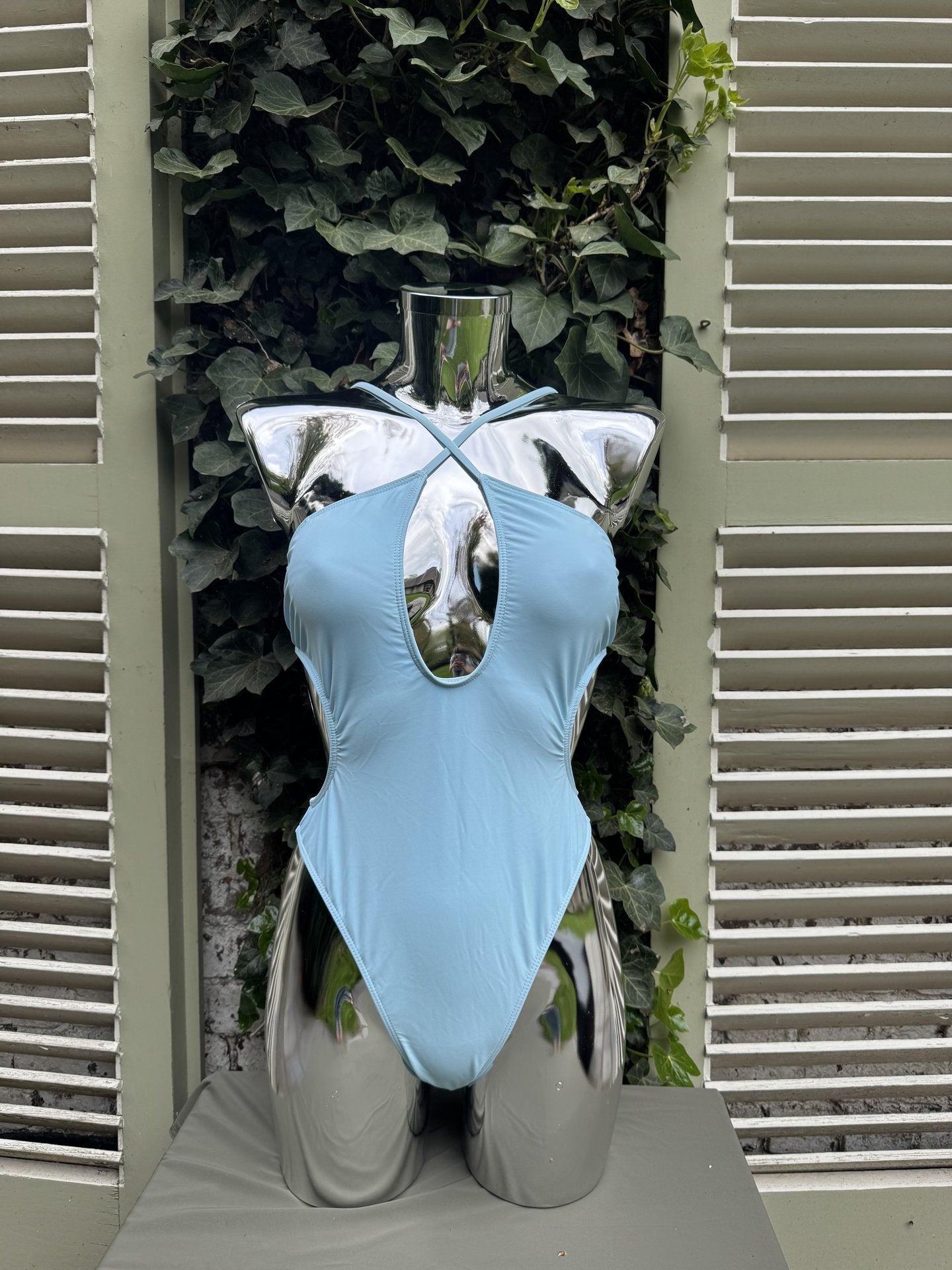 Cross-Halter Keyhole Swimsuit Light Blue